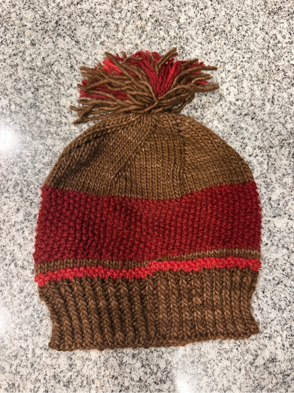 Knit Pom Beanie - Brown & Red
